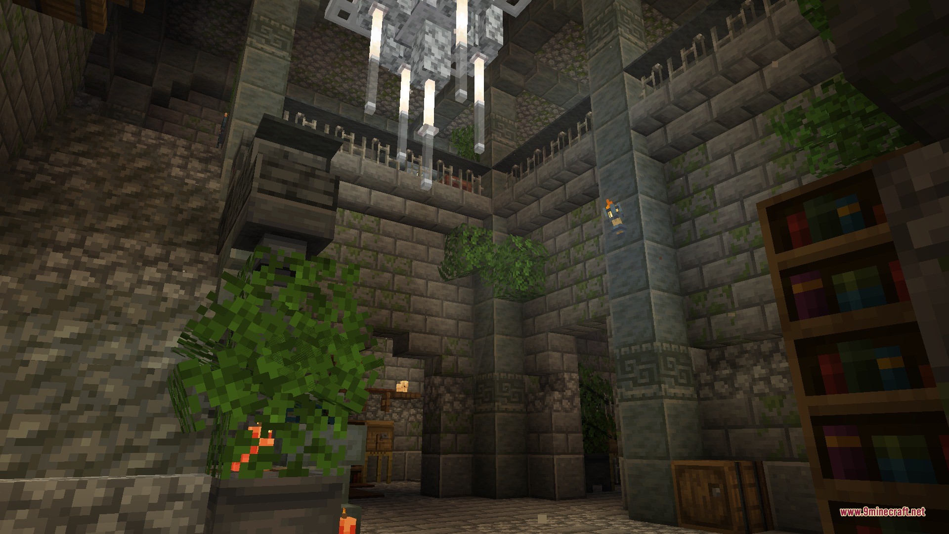 Citadel of Trials Data Pack Screenshot 7 A stone stronghold library featuring a large chandelier and a wooden bookshelf