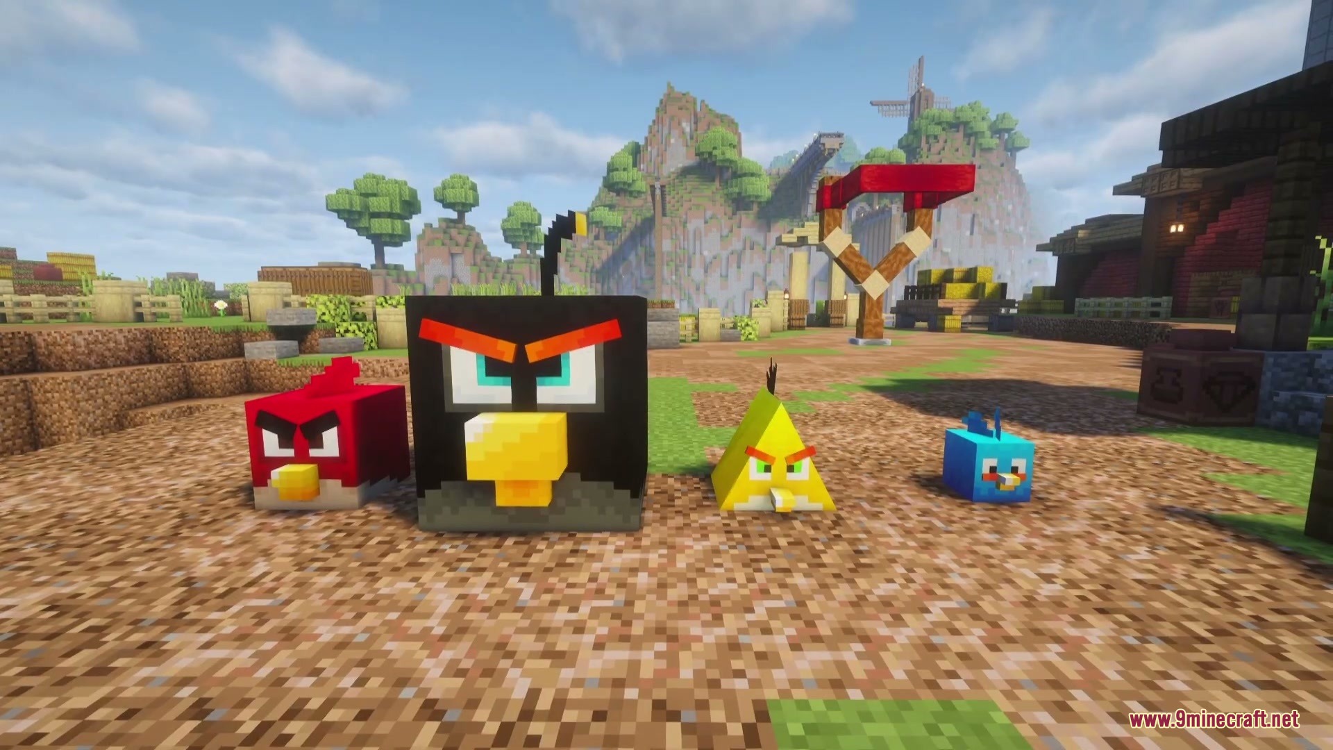 Four unique bird characters standing together in a sunny grassy field