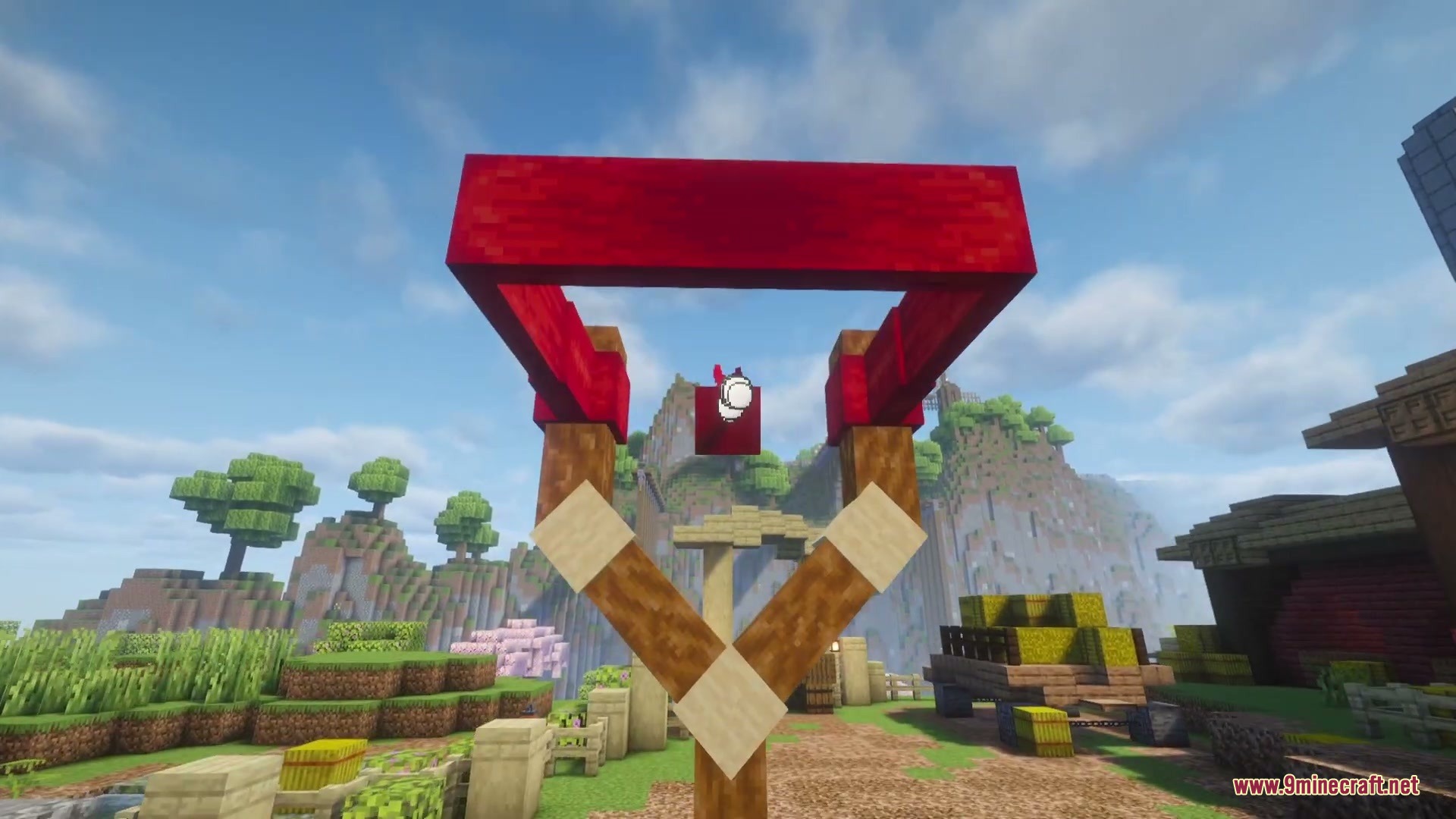 Launching a red bird from a giant slingshot in the Citrus Wings Mod