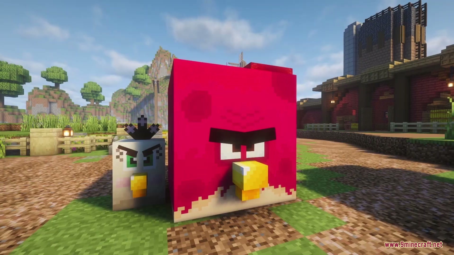 Large red bird and small grey bird standing in a Minecraft village
