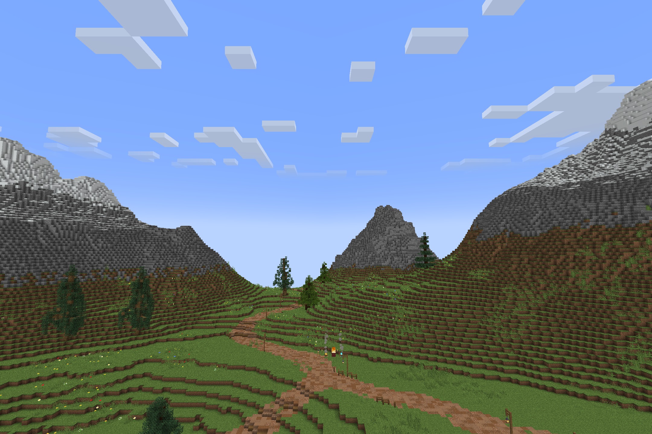 Classic Faithful 64x Jappa Resource Pack Screenshot 10 A dirt path winds through a lush green valley with high resolution mountain textures