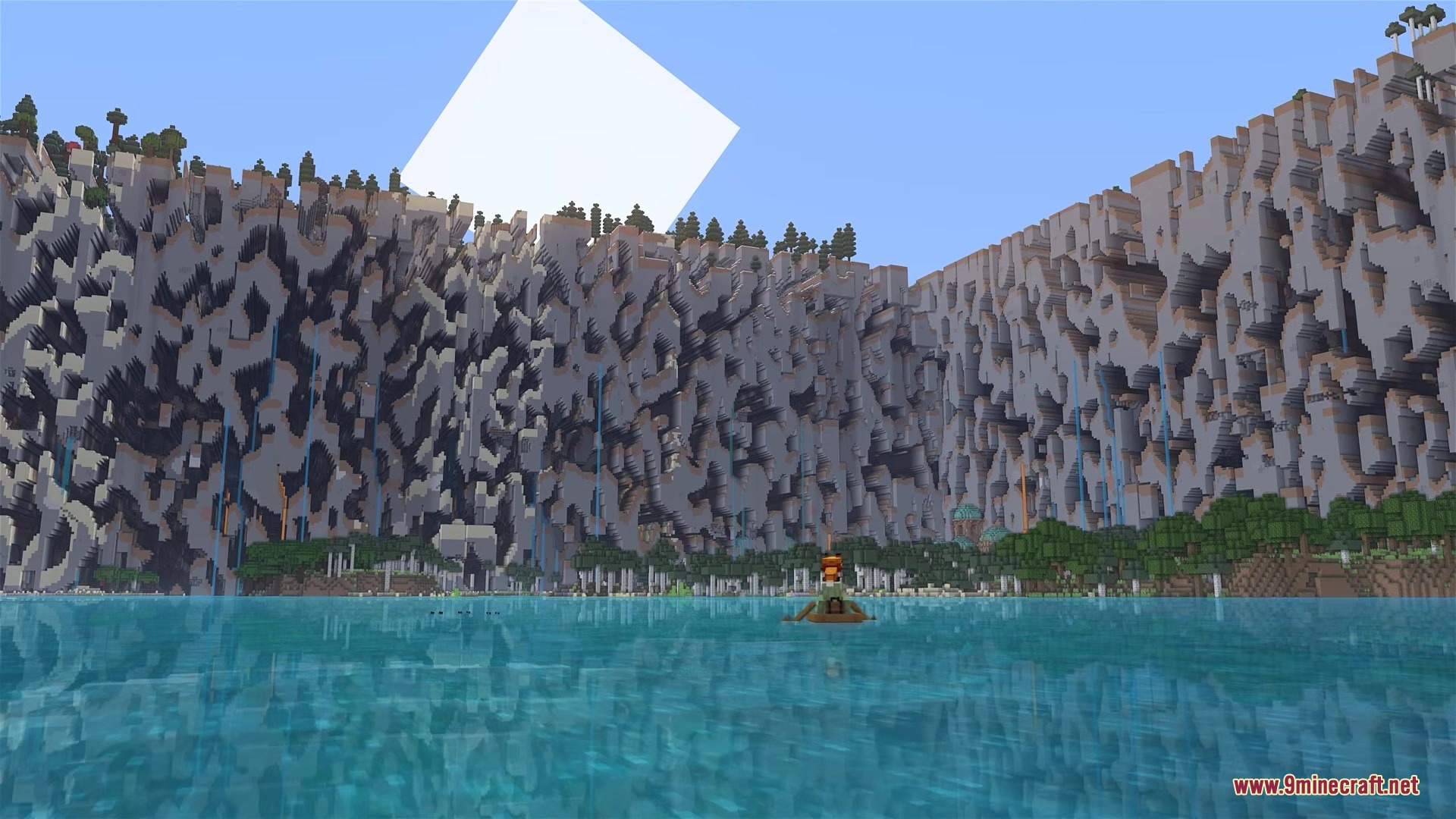 Classic Farlands Mod Screenshot 2 A player in a boat looking at the towering walls of broken blocks