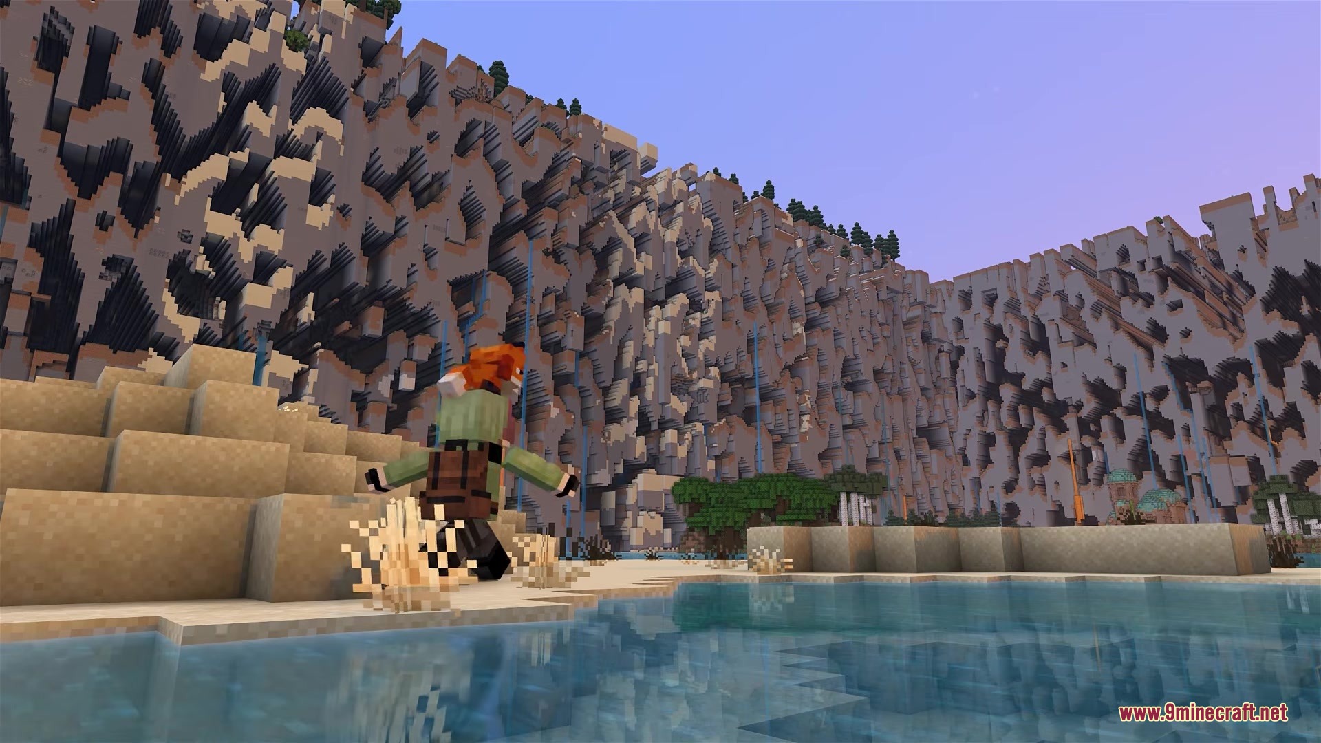 Classic Farlands Mod Screenshot 3 A player character stands near water looking at the massive Farlands wall
