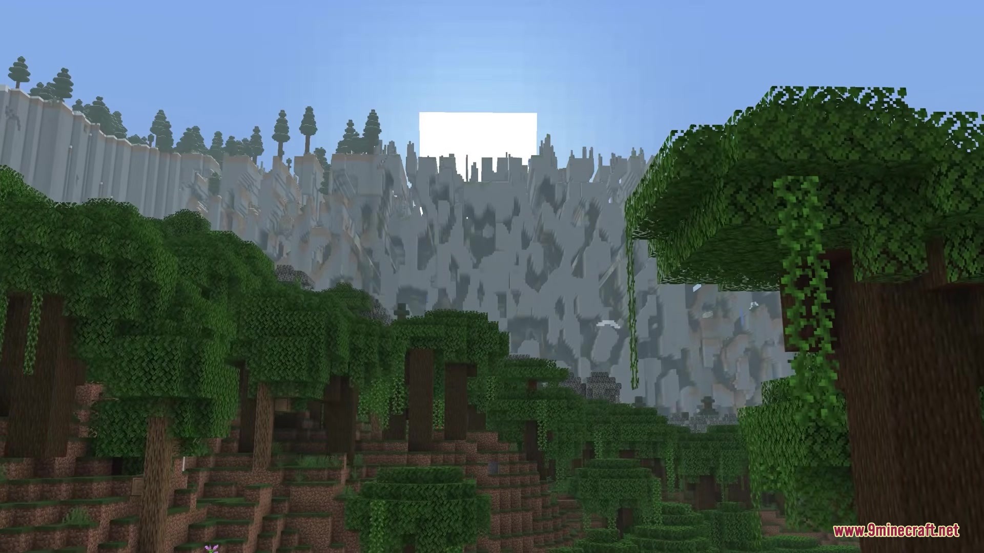 Classic Farlands Mod Screenshot 7 Dense jungle trees overlook a massive wall of broken terrain blocks