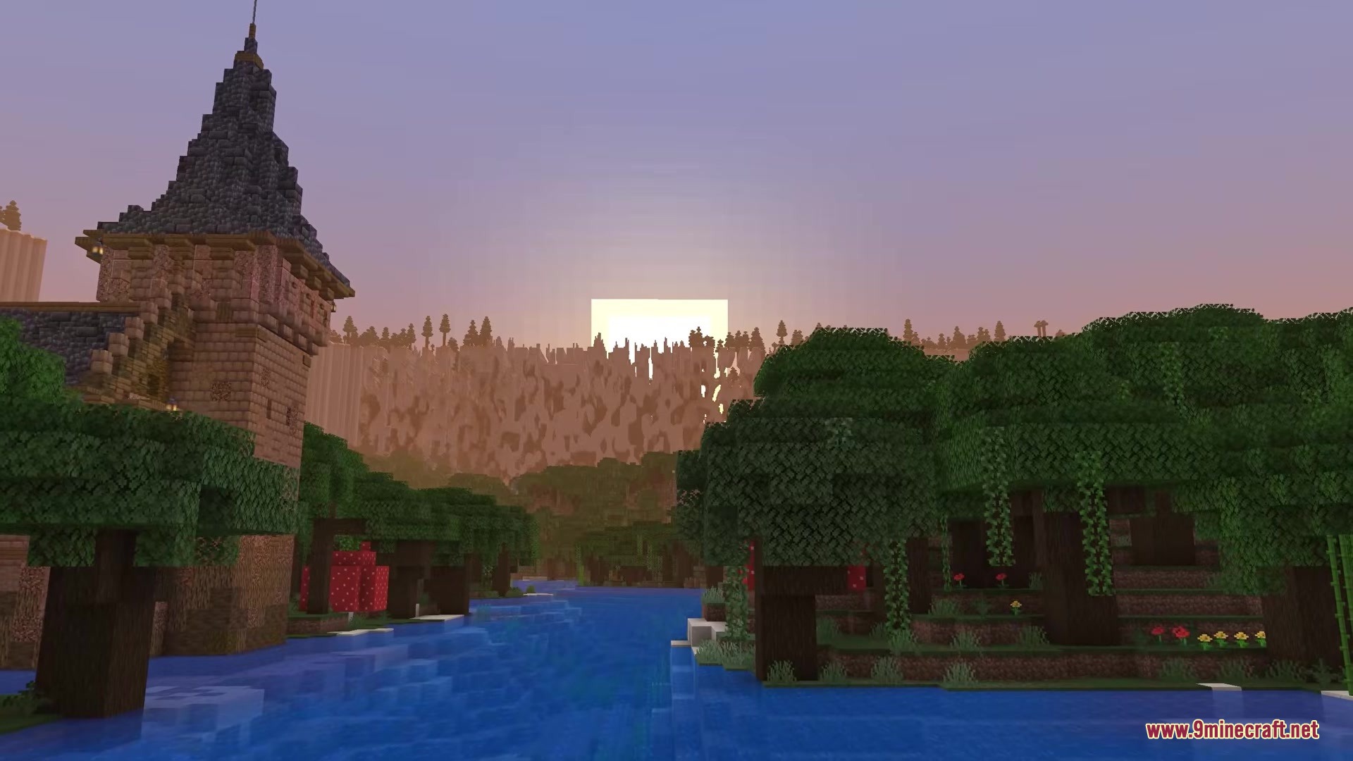 Classic Farlands Mod Screenshot 8 A stone tower stands near a river with Classic Farlands terrain generation