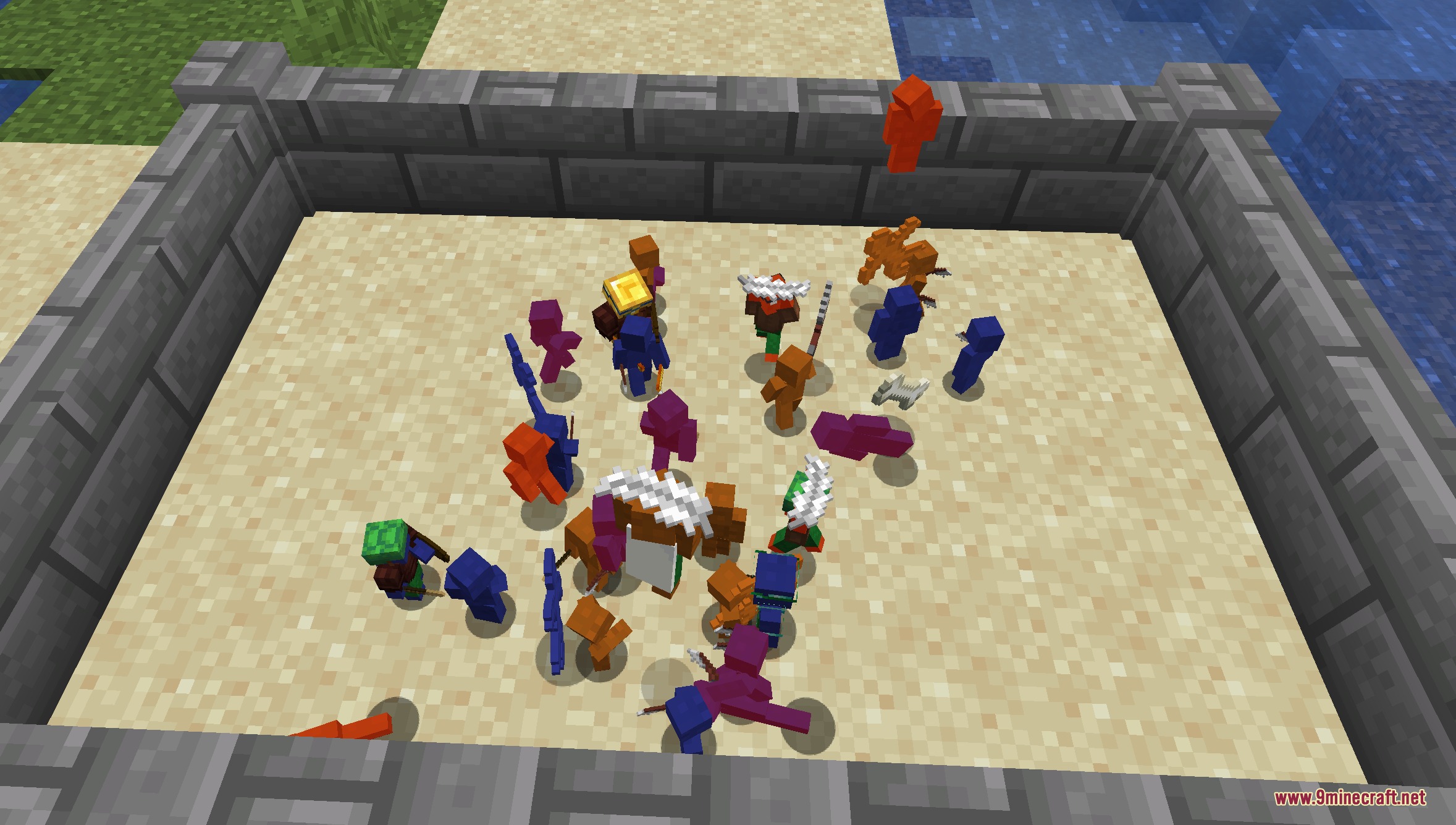 Clay Soldiers Remake Mod Screenshot 1 Tiny clay soldiers in various colors gathered on sand inside a stone arena