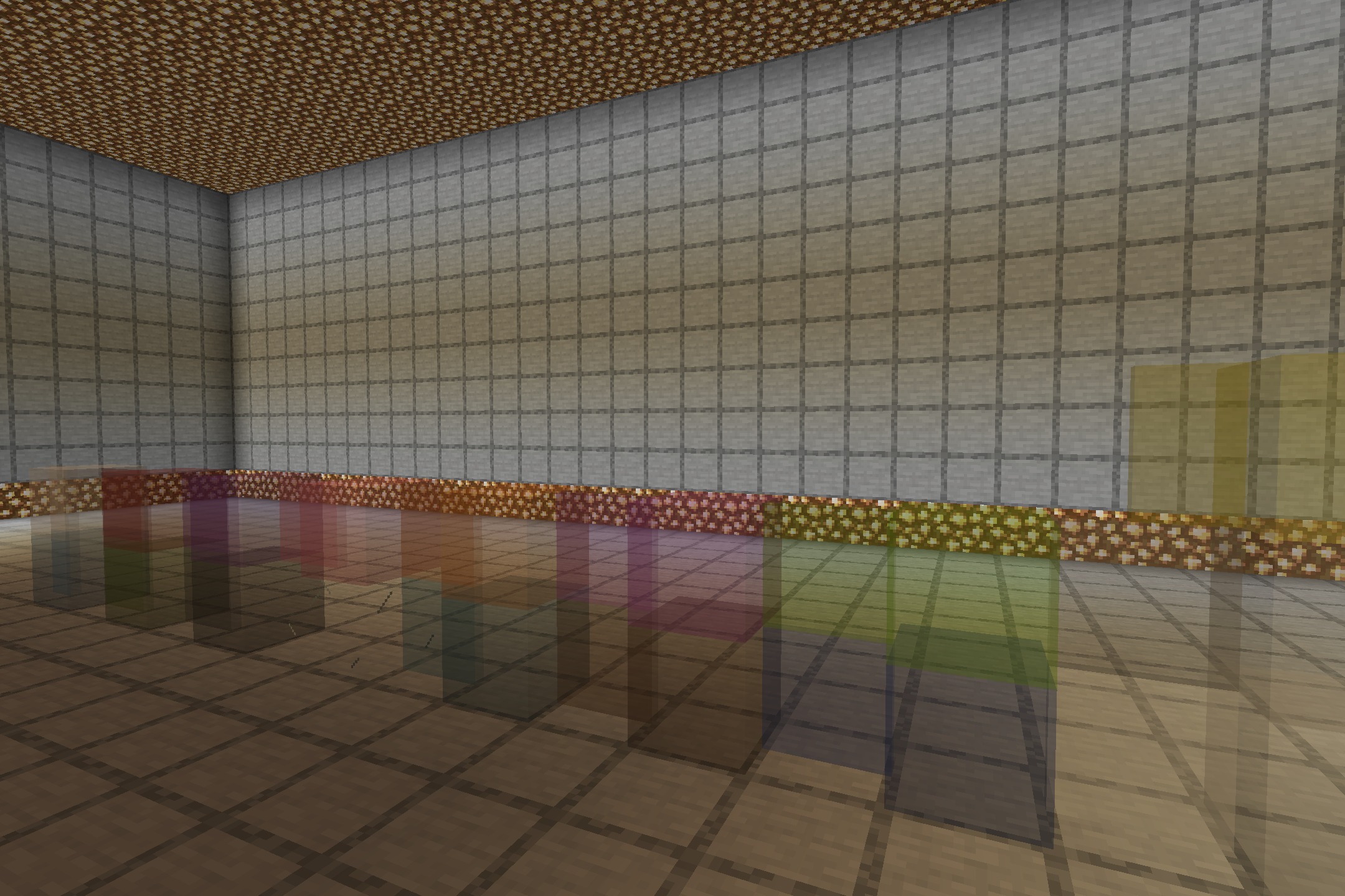 A row of smooth and borderless colored stained glass blocks in Minecraft