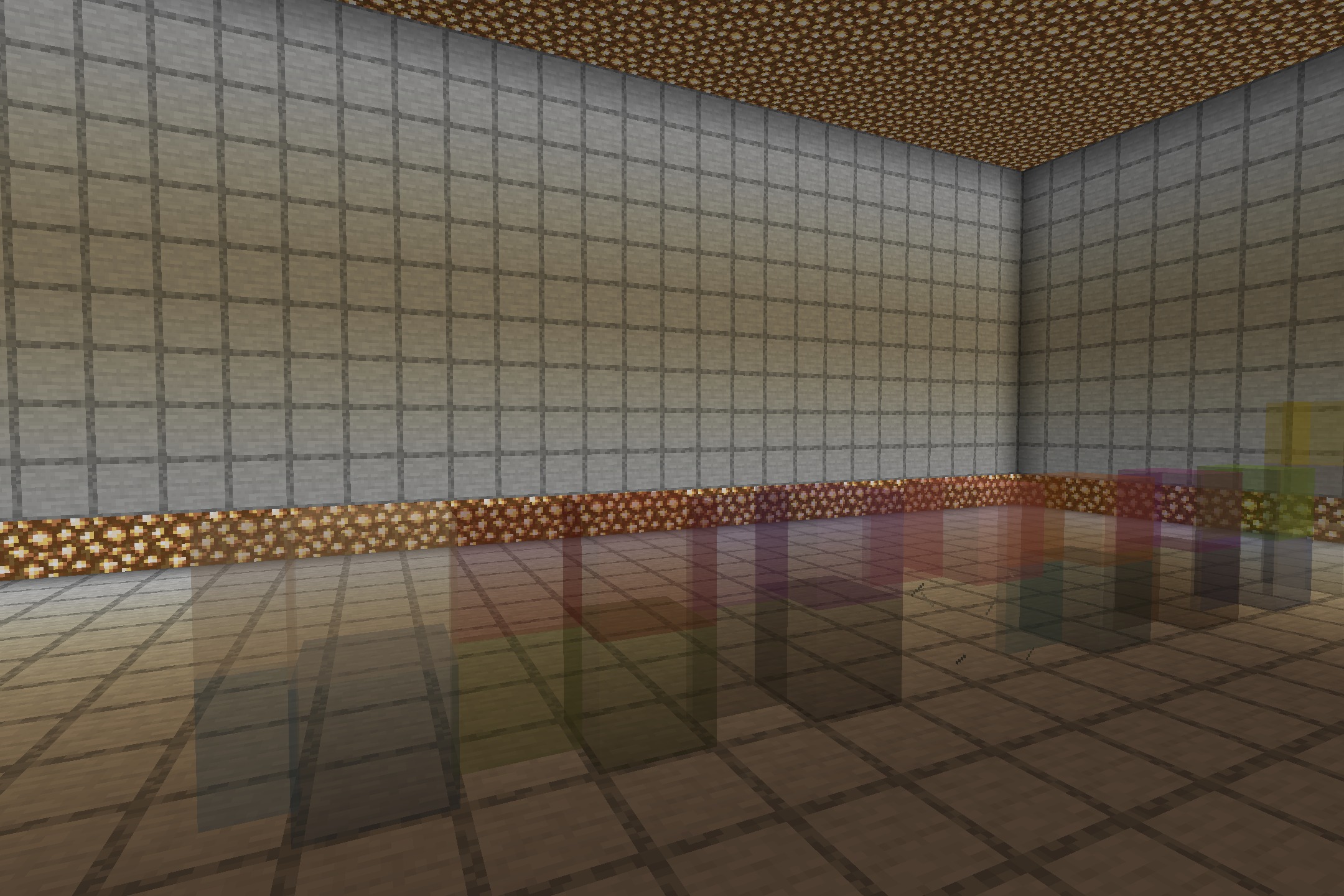 A large room featuring smooth stained glass floor and glowstone ceiling