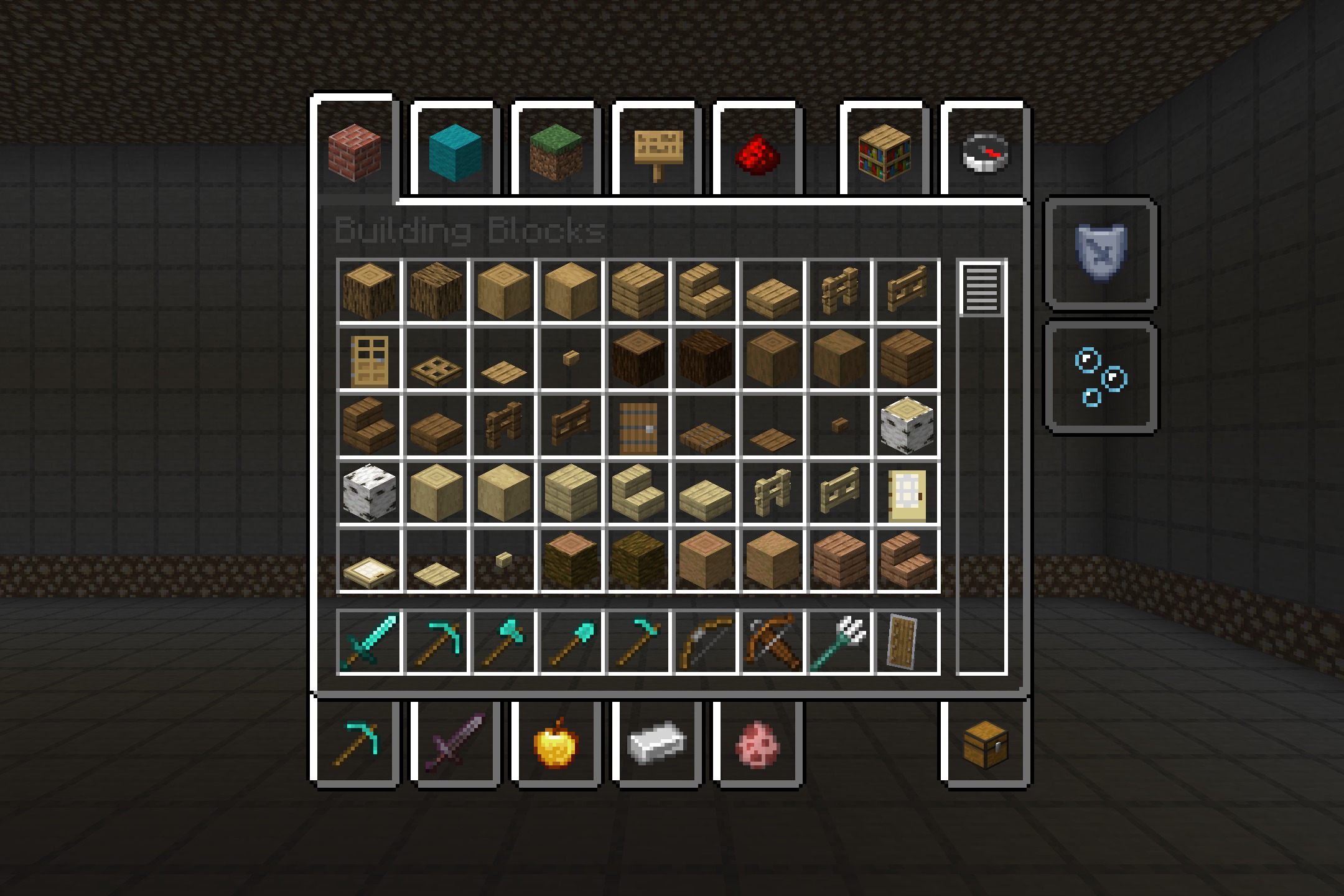 Clear Inventory Resource Pack Screenshot 1 Transparent creative inventory menu showing building blocks and hotbar items