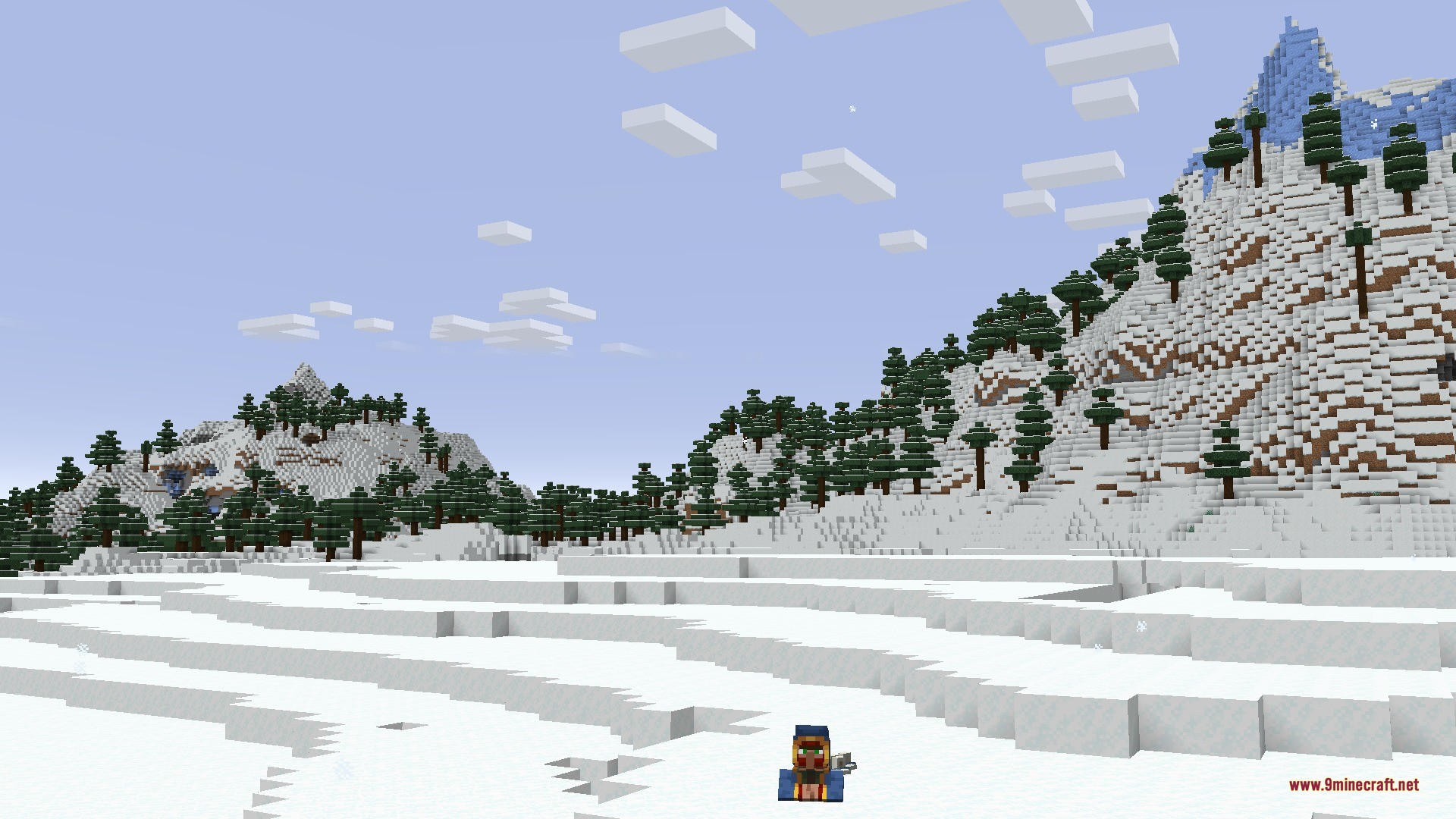 Cliff Under a Tree Cliff Tree Data Pack Screenshot 1 A wandering trader stands in a snowy tundra biome with tall pine trees
