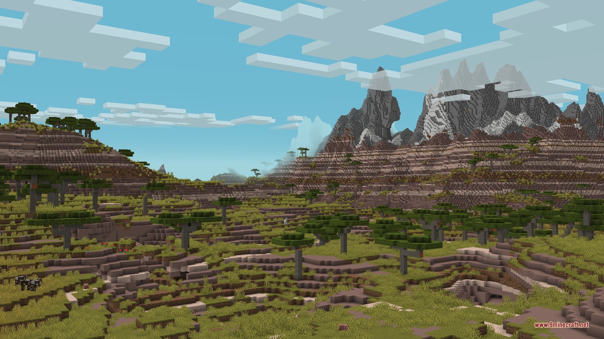 Cliff Under a Tree Cliff Tree Data Pack Screenshot 2 Savanna plateau with acacia trees and tall mountains under a bright blue sky