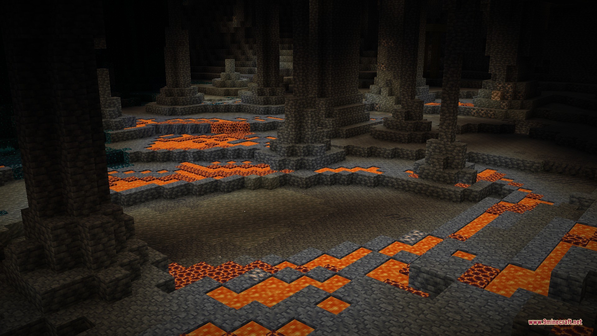 Cliff Under a Tree Cliff Tree Data Pack Screenshot 3 Molten lava pools and magma blocks inside a dark underground cavern