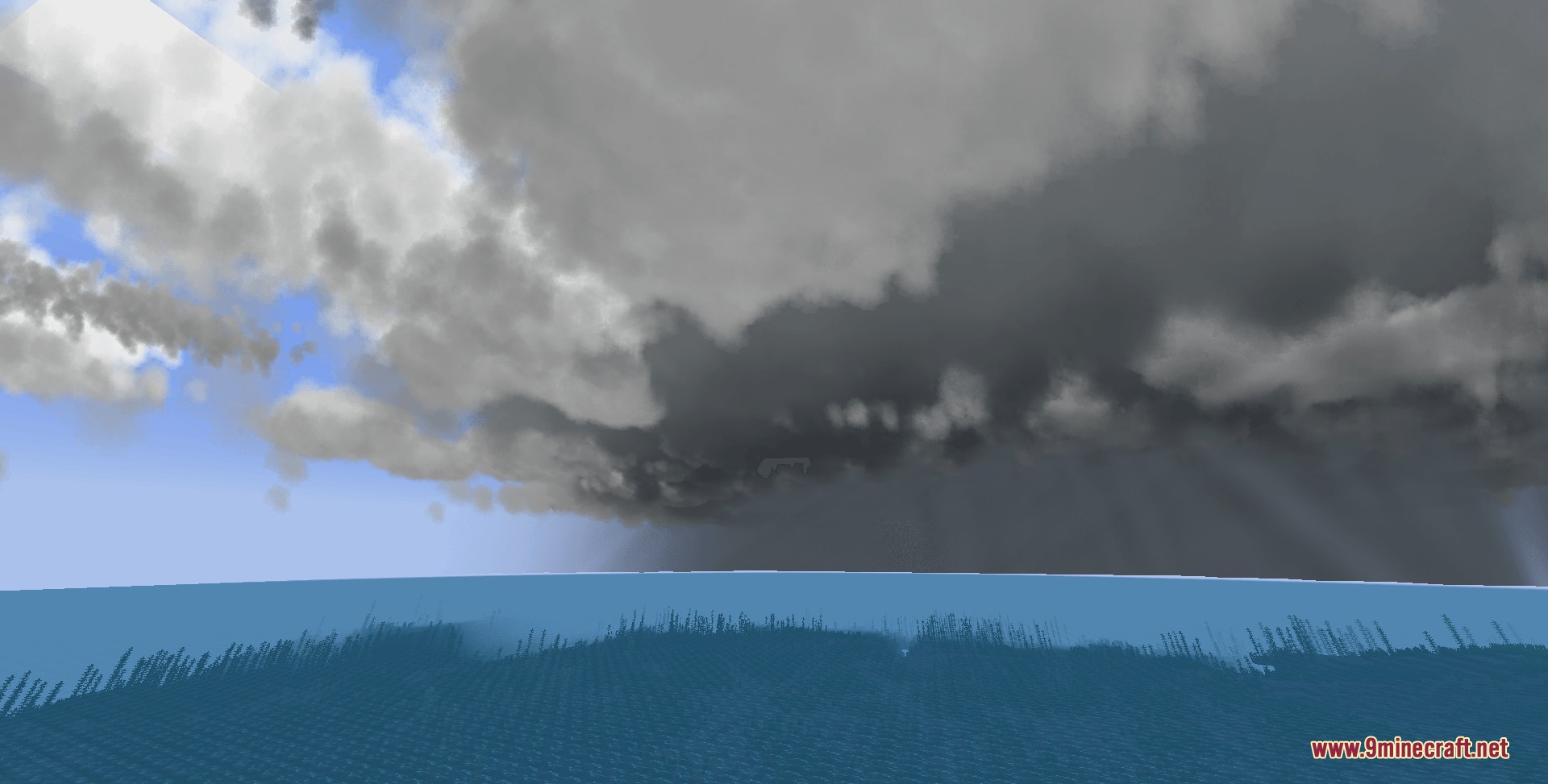 Climate Clouds Storms & Technology Mod Screenshot 2 Dark heavy storm clouds gathering over a vast ocean in Minecraft