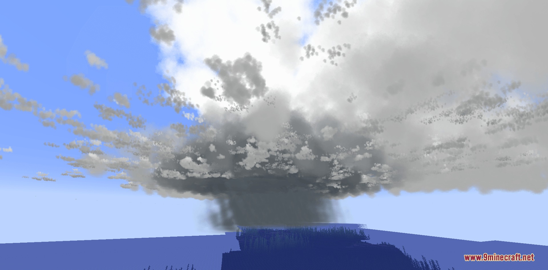 Climate Clouds Storms & Technology Mod Screenshot 3 A massive dark supercell storm cloud towers over the ocean in Minecraft