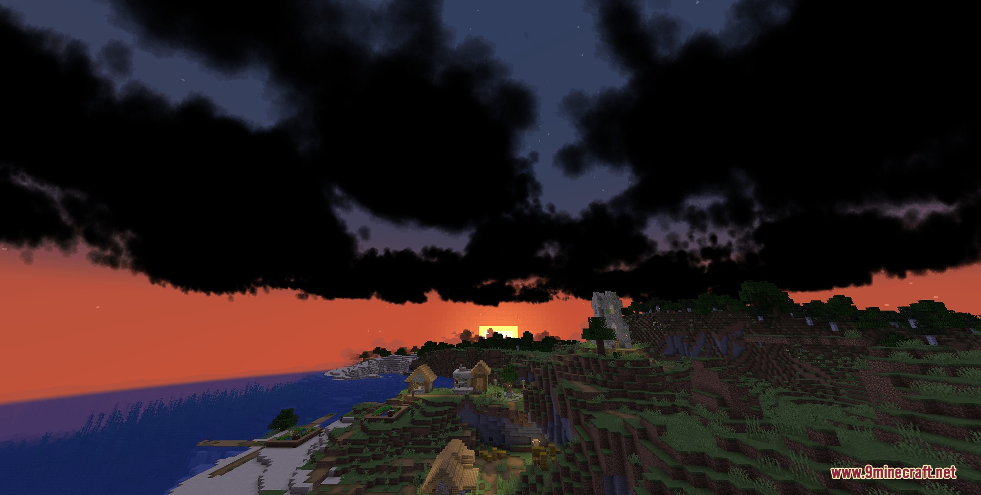 Climate Clouds Storms & Technology Mod Screenshot 6 Dark ominous storm clouds gathering over a Minecraft village during a red sunset