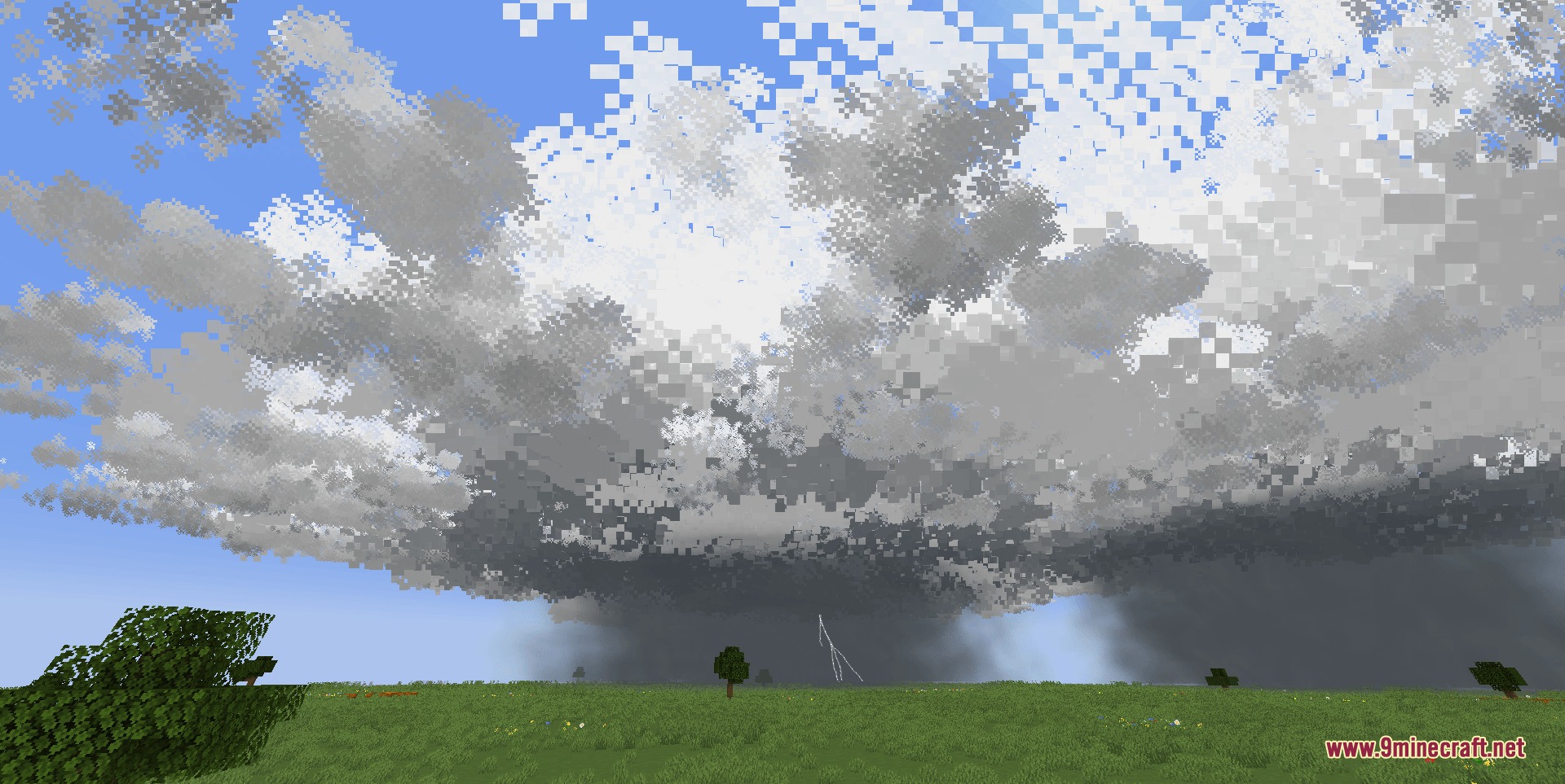 Climate Clouds Storms & Technology Mod Screenshot 7 A massive supercell storm cloud with lightning strikes over a green Minecraft field