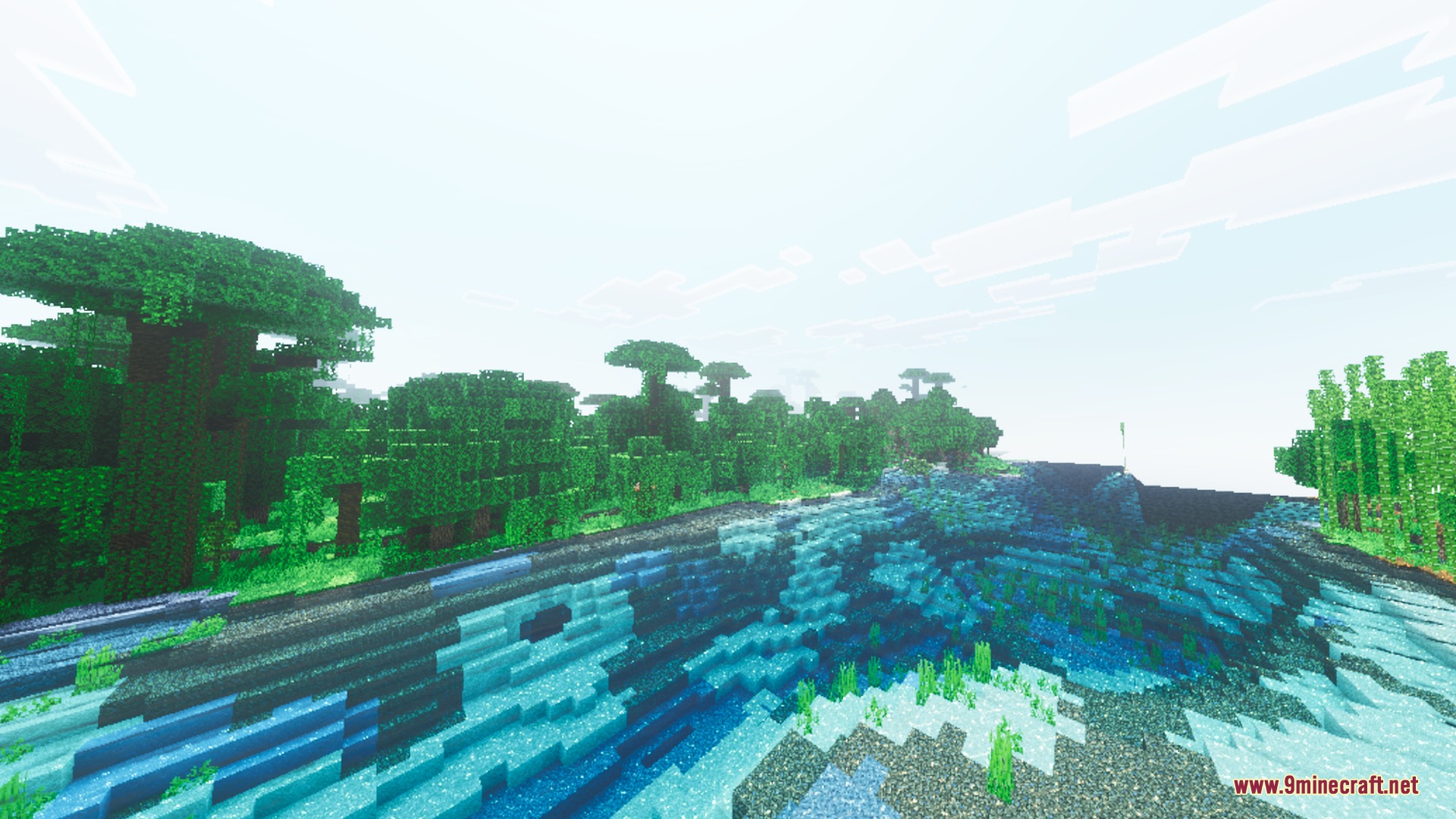 Cloudious Vibrant Visual Shader Screenshot 1 Vibrant jungle trees beside clear water with realistic reflections under a bright sky