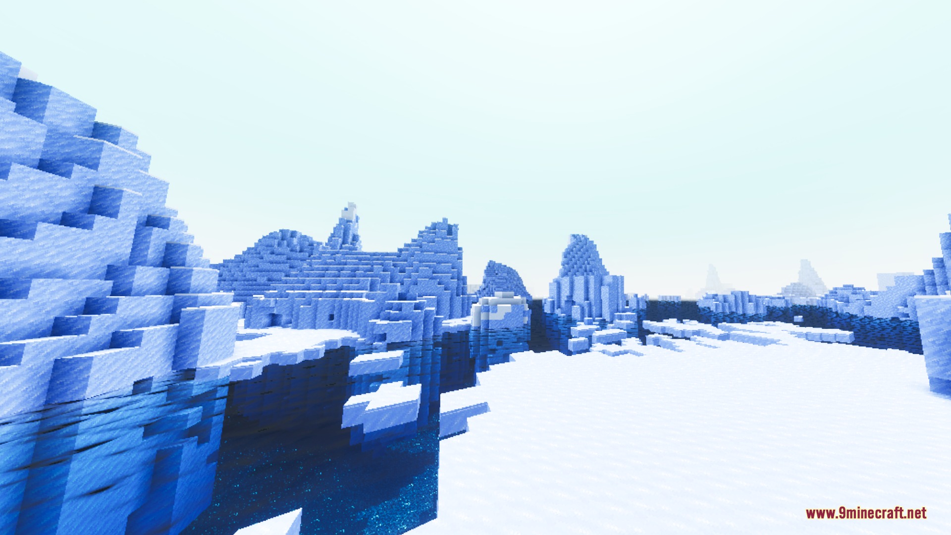 Cloudious Vibrant Visual Shader Screenshot 2 Massive ice spikes and snow covered ground next to deep blue reflective water
