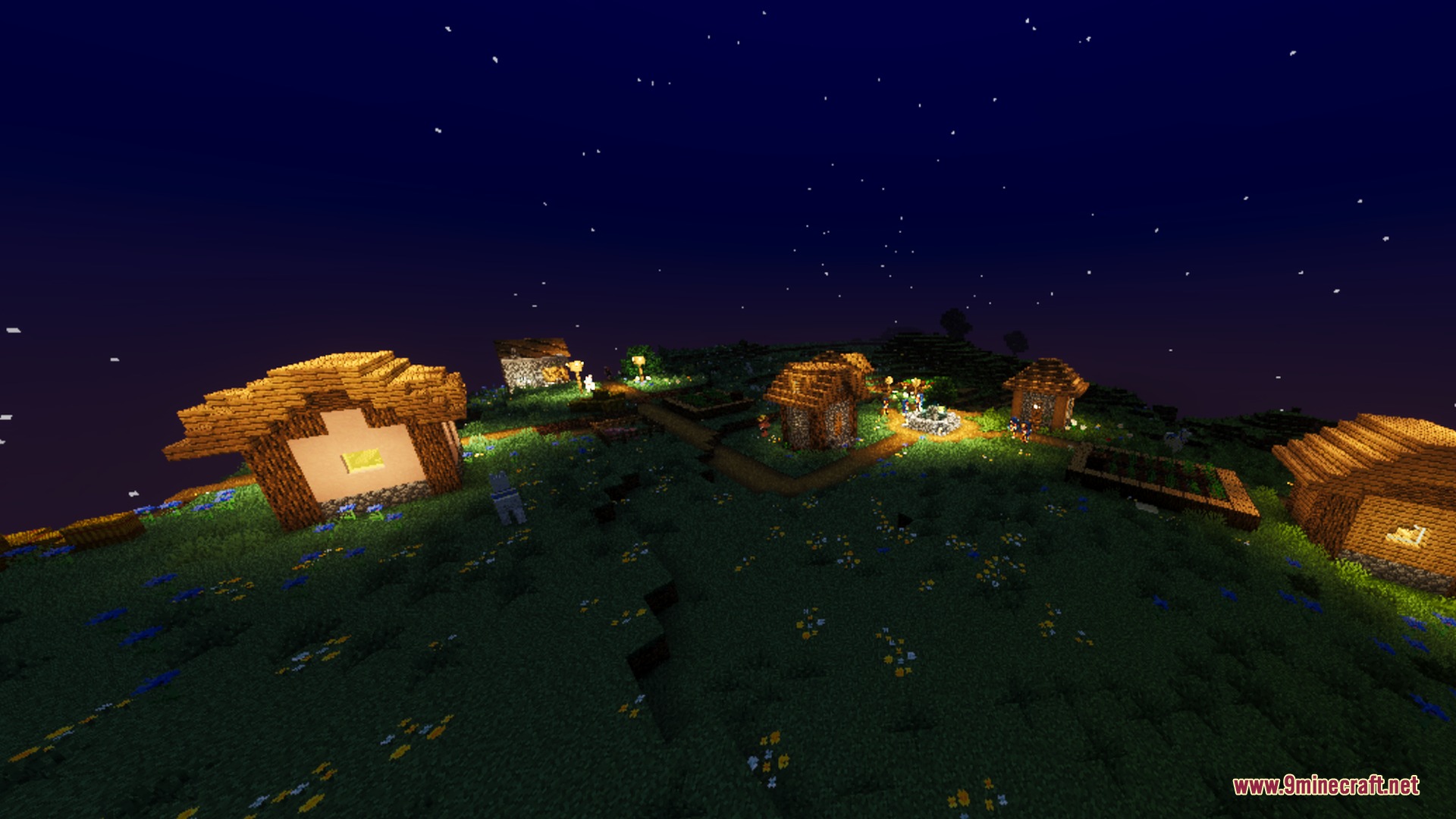 Cloudious Vibrant Visual Shader Screenshot 3 Warm lights illuminate a cozy Minecraft village under a clear starry sky