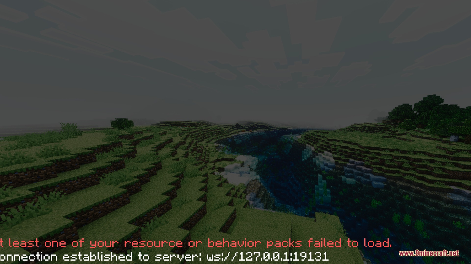 Cloudious Vibrant Visual Shader Screenshot 4 Error message text displayed over a scenic river valley in Minecraft