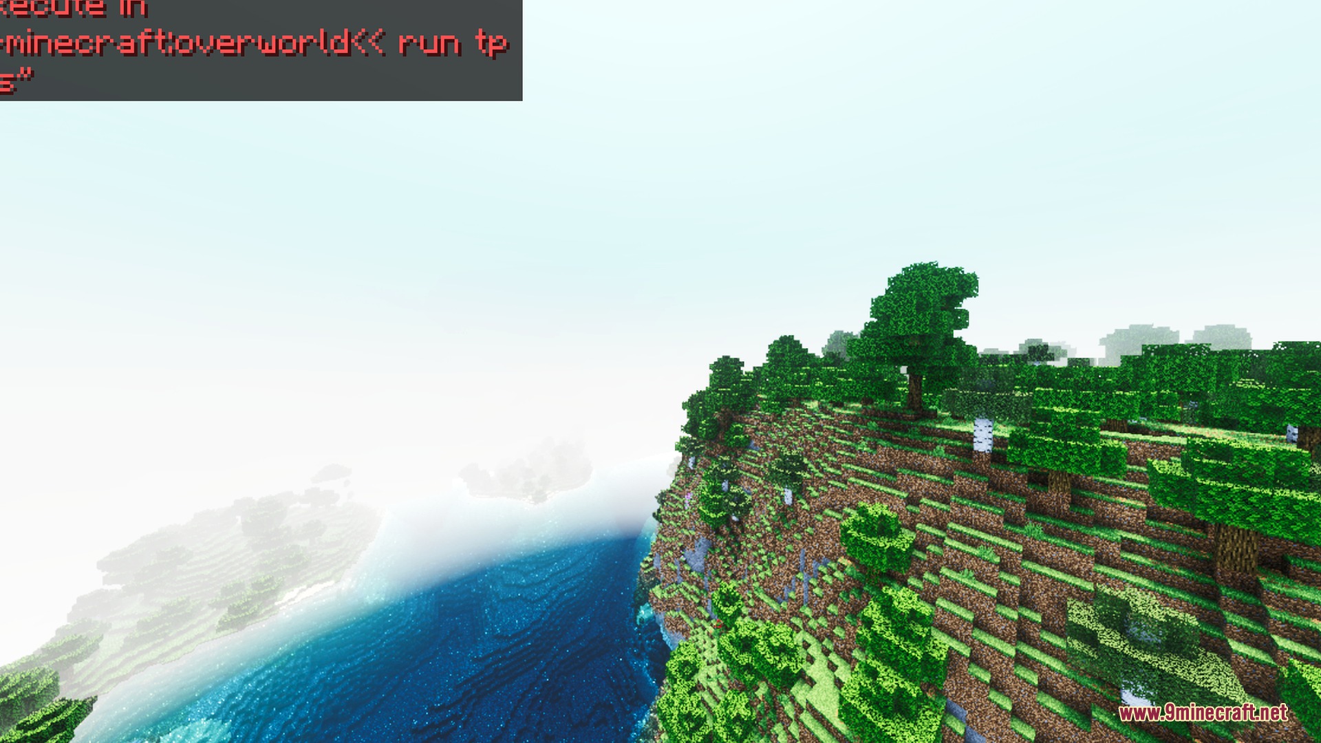 Cloudious Vibrant Visual Shader Screenshot 6 Lush green trees on a cliff overlooking realistic water reflections in Minecraft