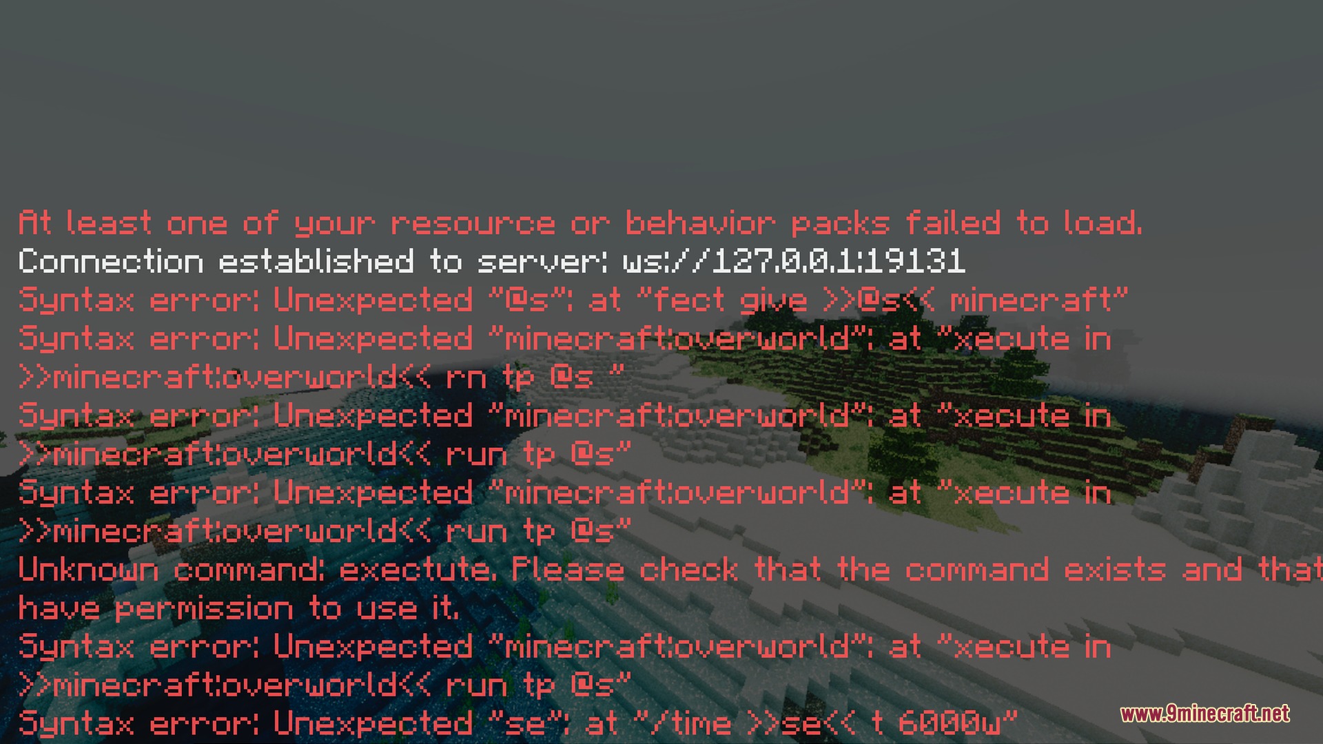 Cloudious Vibrant Visual Shader Screenshot 7 Minecraft chat window showing red syntax errors and a server connection message