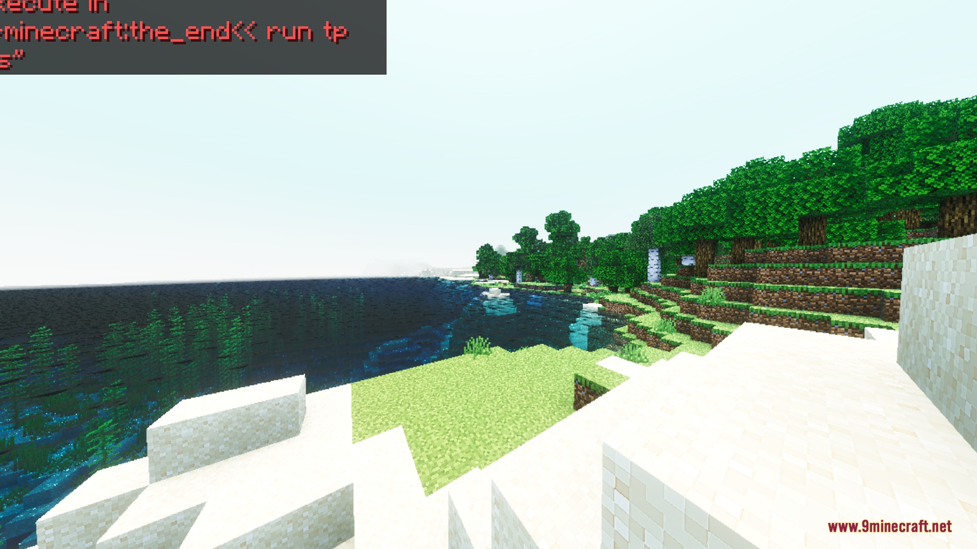Cloudious Vibrant Visual Shader Screenshot 9 A bright Minecraft landscape with clear skies and realistic water reflections