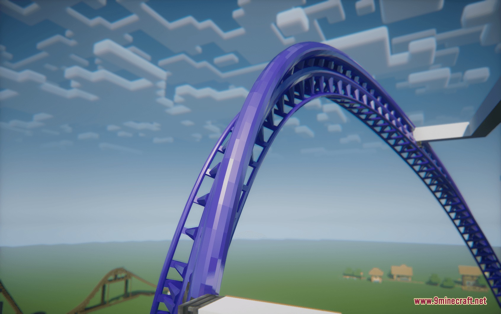 Coasters Simulated Track Styles Mod Screenshot 1 Vibrant purple steel roller coaster track curving upwards in a Minecraft world