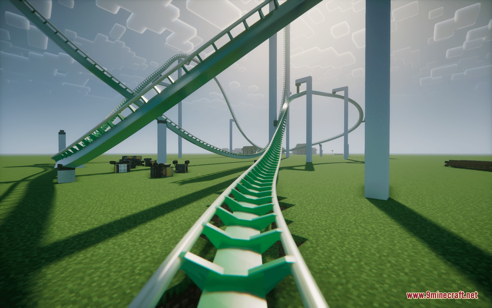 Coasters Simulated Track Styles Mod Screenshot 2 Green roller coaster track with white support pillars on a grassy plain