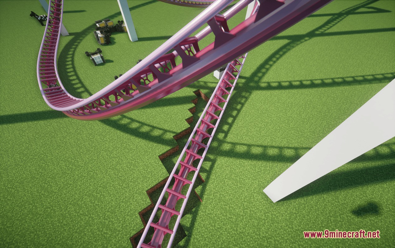 Coasters Simulated Track Styles Mod Screenshot 3 Detailed pink roller coaster rails curving through a flat grassy Minecraft world