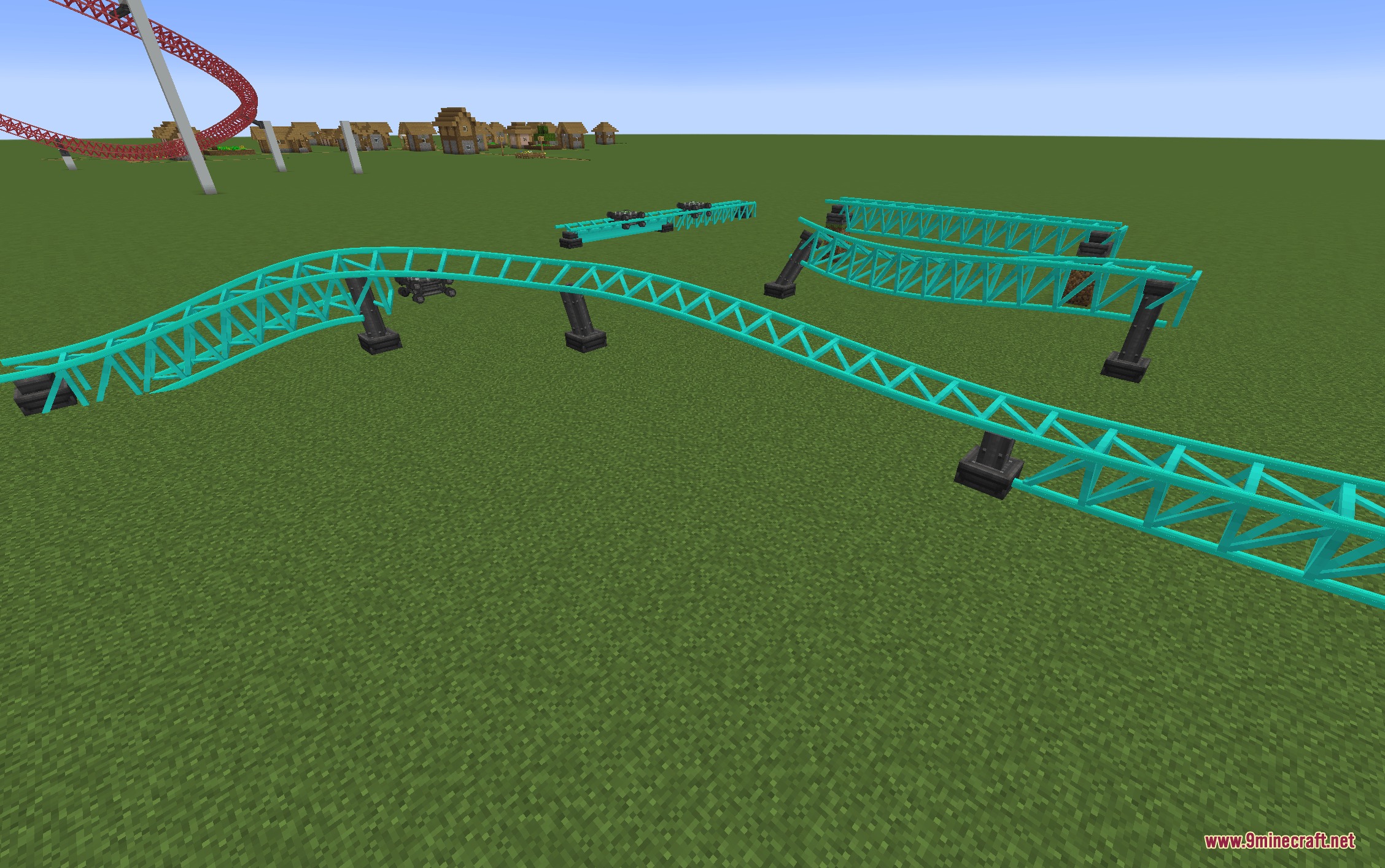 Coasters Simulated Track Styles Mod Screenshot 6 Showcasing various teal roller coaster track models on a flat Minecraft grassy field