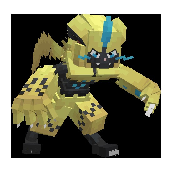 Cobble Cats Data Pack Screenshot 2 A yellow Zeraora model posing in a dynamic blocky combat stance