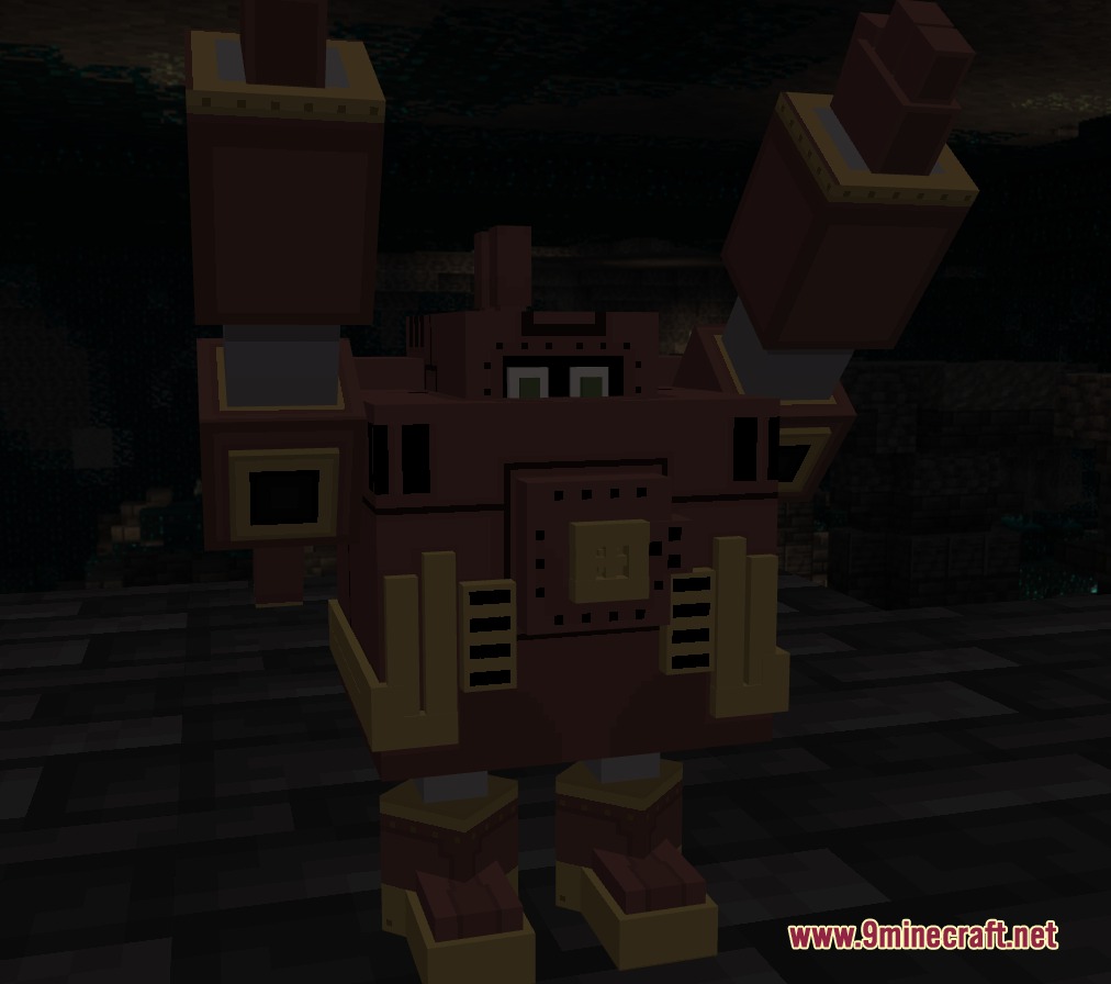 A brown mechanical digital monster from the Cobble Digimon Mod stands alone