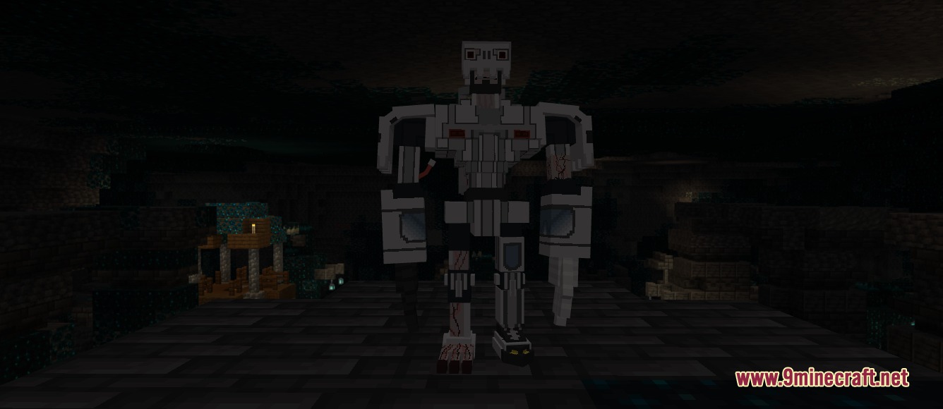 A tall white robotic digital monster stands in a dark Minecraft cave setting
