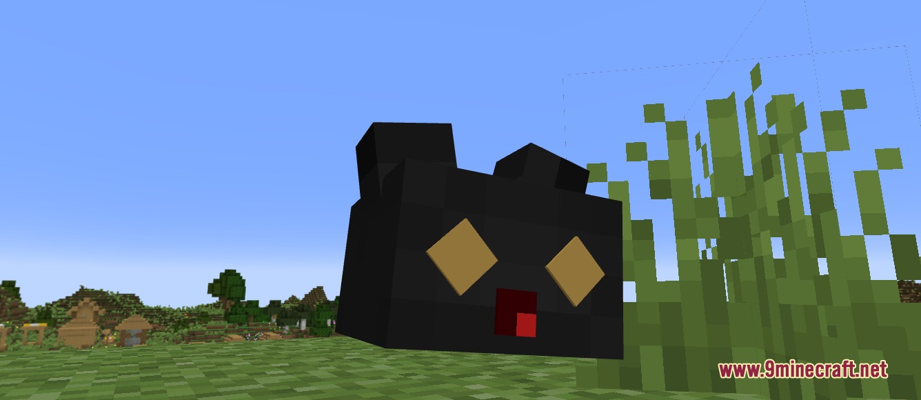A black blocky Botamon Digimon creature floating in a grassy Minecraft field