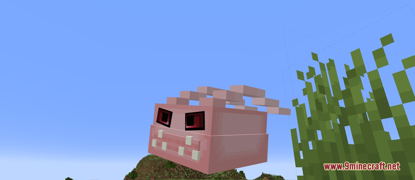 A pink blocky Tokomon Digimon creature with sharp teeth floating in the air