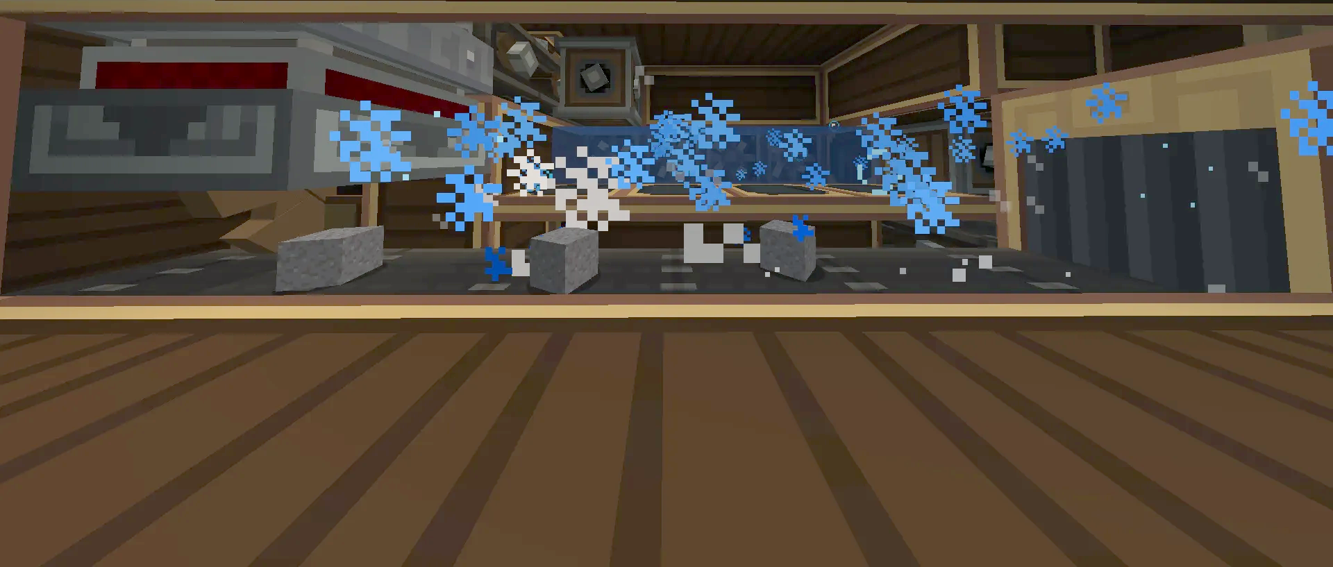 Close up view of a conveyor belt processing cobblestone with blue particles