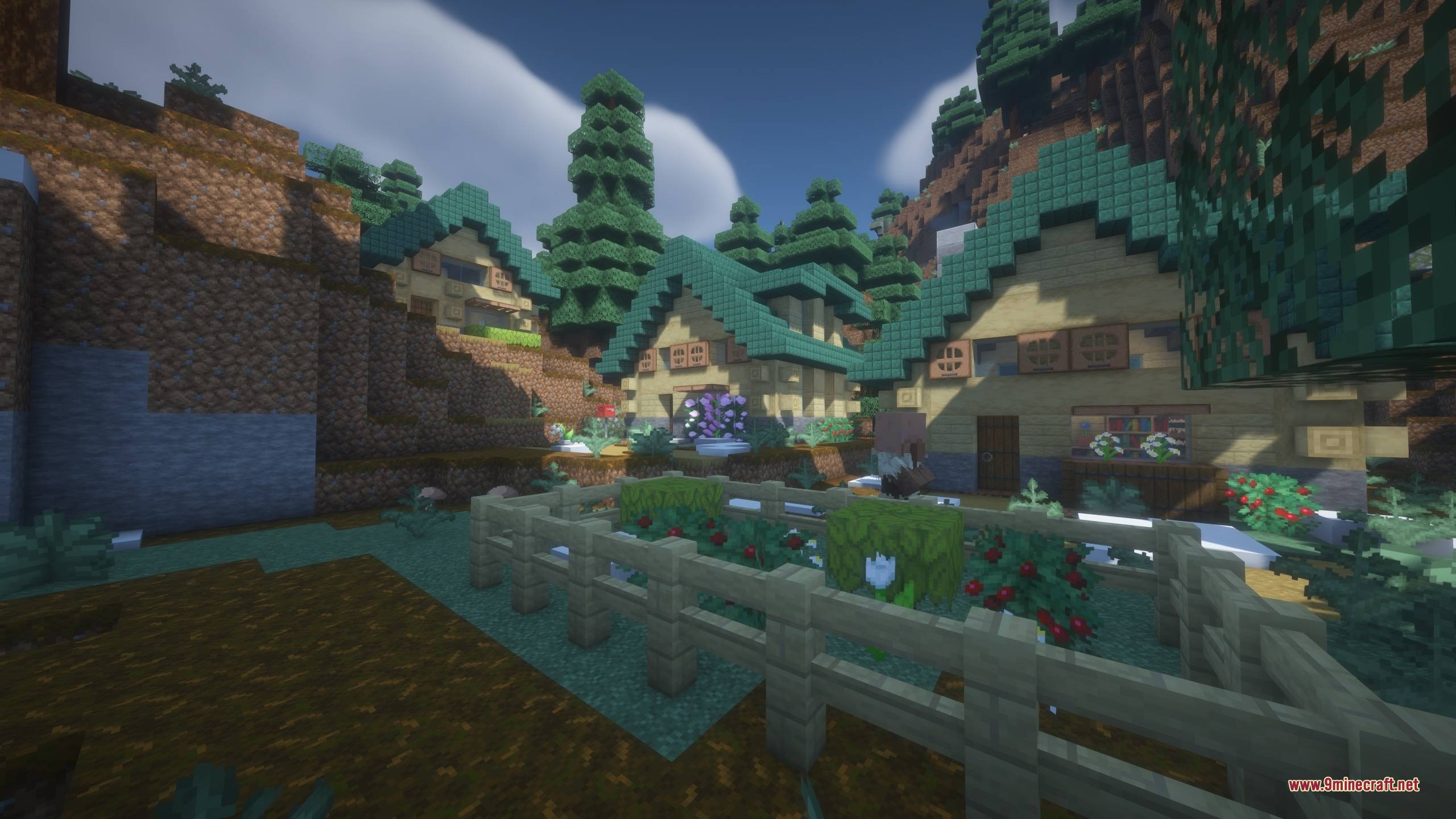 Cobble Towns Unofficial Update Data Pack Screenshot 1 A peaceful Minecraft village with green roofs and a small flower garden