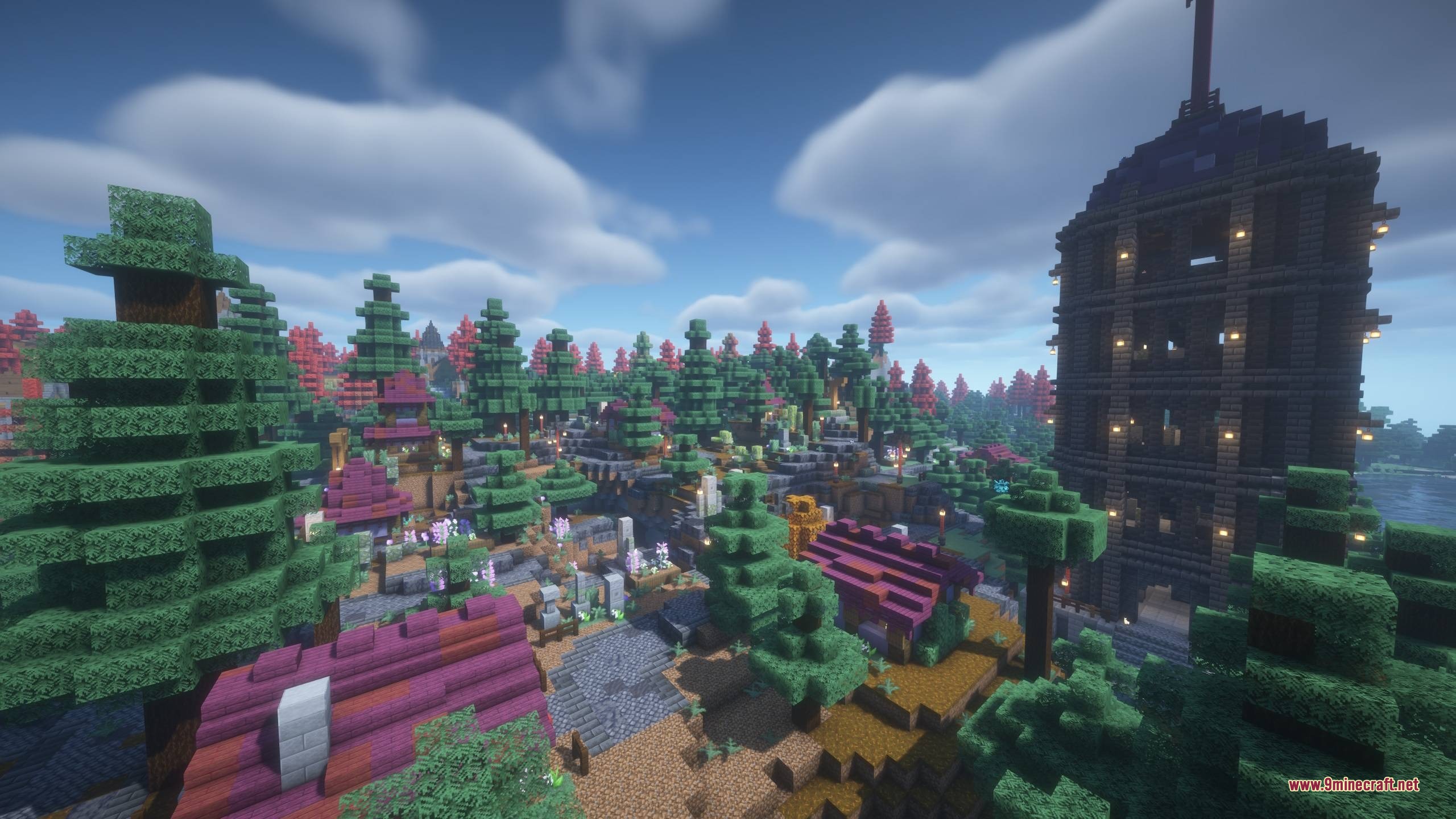 Cobble Towns Unofficial Update Data Pack Screenshot 2 A sprawling Minecraft town with purple roofs and a tall wooden tower
