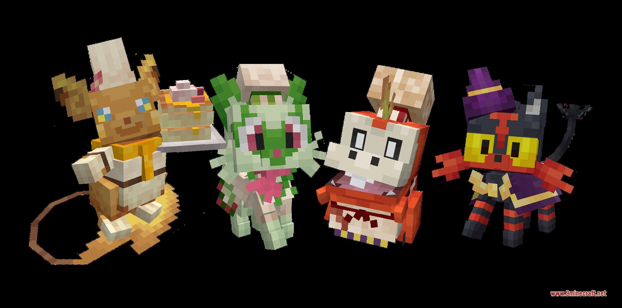 Four Pokemon wearing cafe uniforms from the Cobblecafe Data Pack in Minecraft