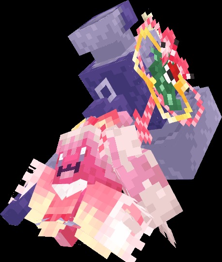 Tinkaton wearing a pink cafe outfit while holding its large purple hammer
