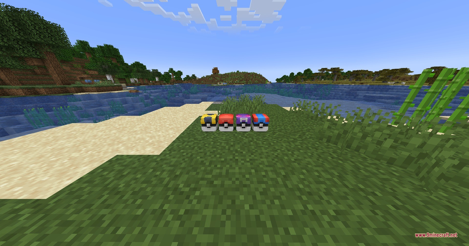 Cobbled Loot Data Pack Screenshot 2 Four different tiers of Poke Ball loot containers sitting on the grass