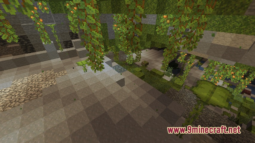 Lush underground cave featuring hanging vines and various mixed stone floor blocks