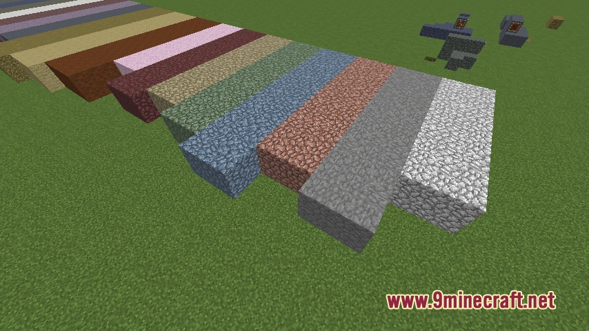 Various colored cobbled stone blocks from the Cobblestoney mod lined up