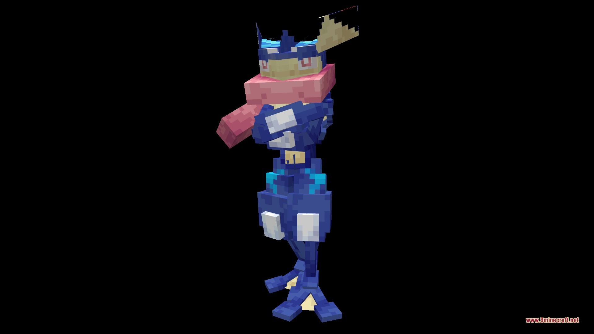 A blocky Greninja model for Cobblemon stands in a neutral idle pose