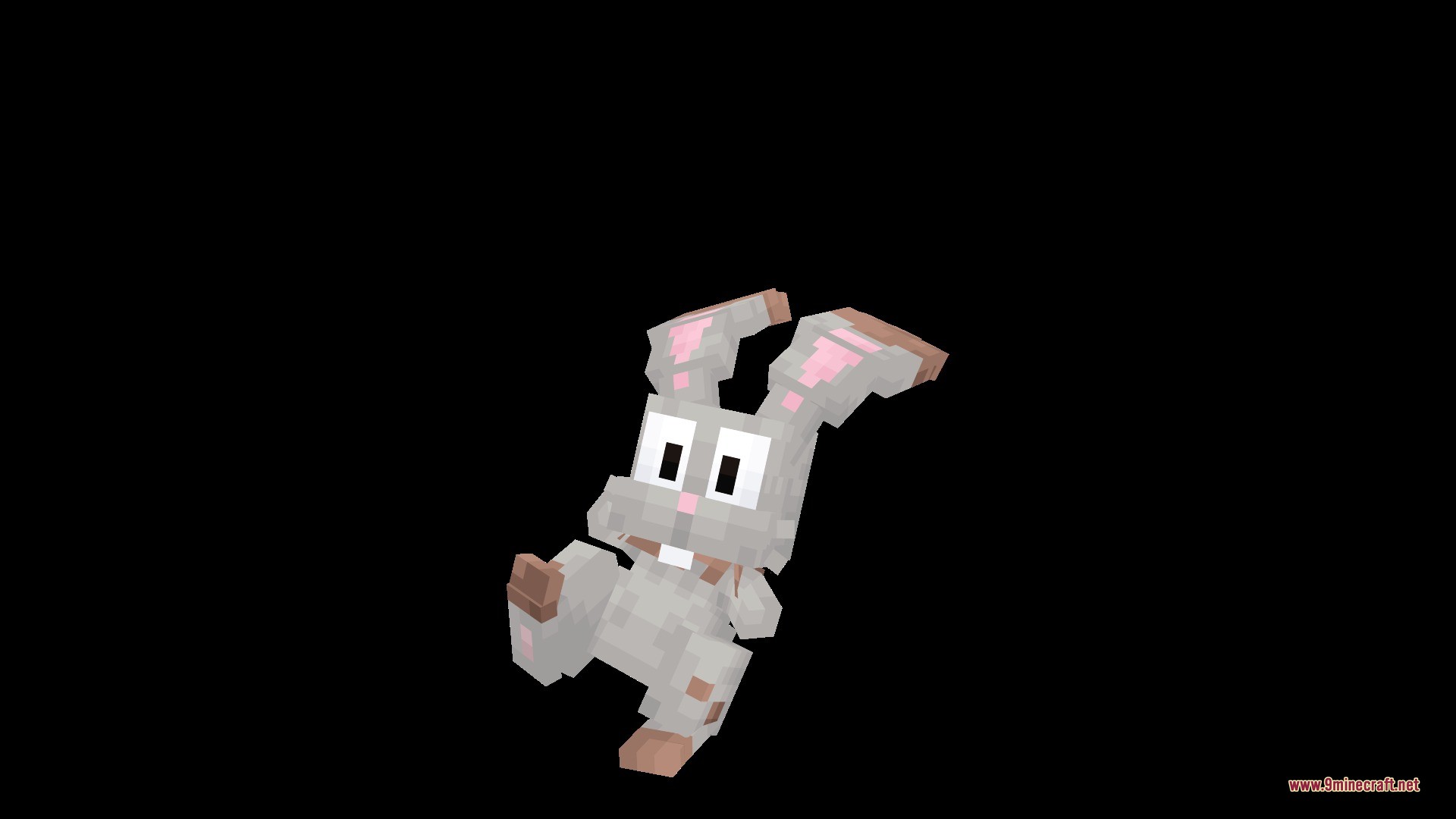 A blocky Bunnelby rabbit creature showing a dynamic jumping pose in Minecraft