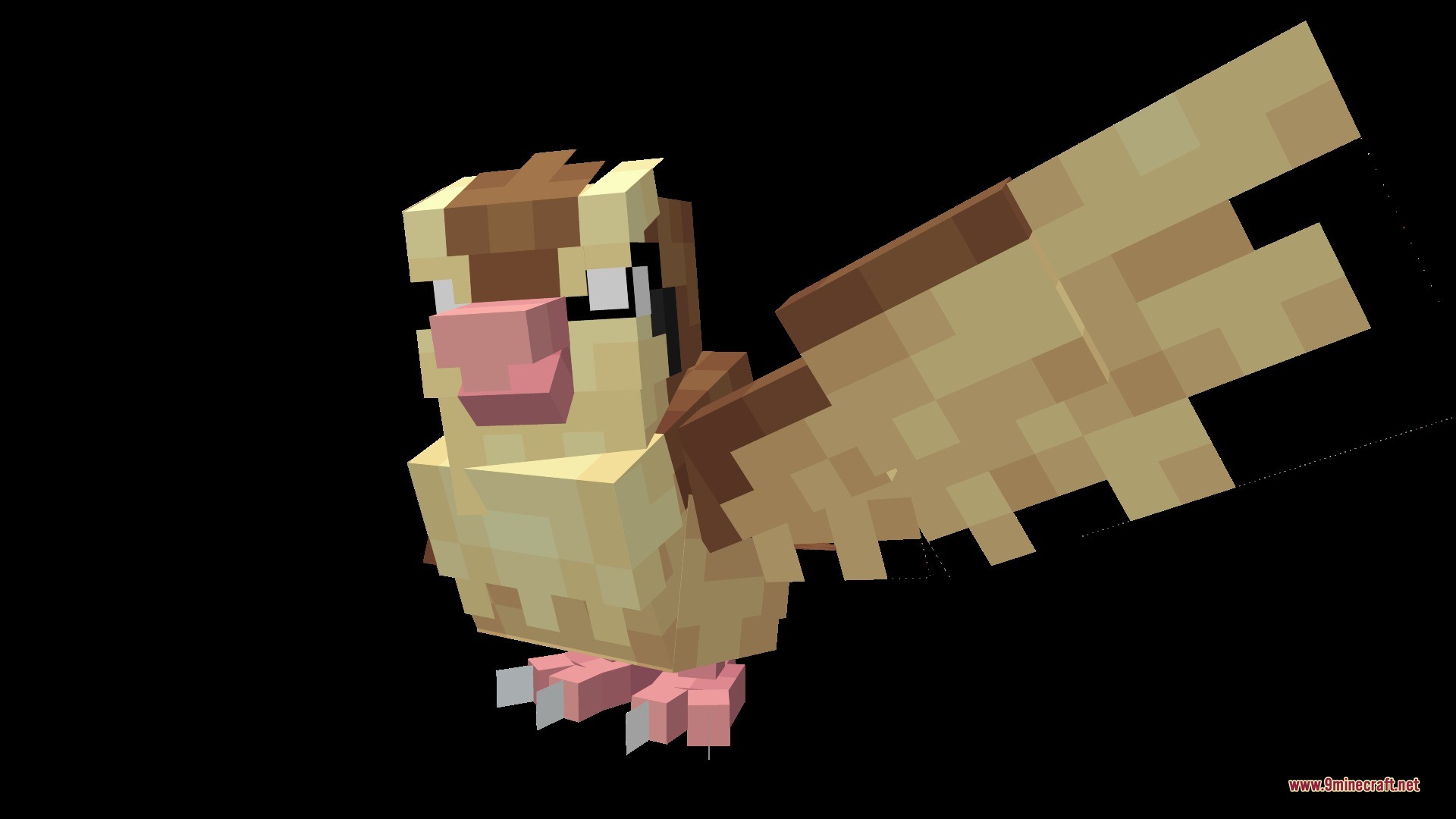 A blocky Pidgey model from the Cobblemon mod spreading its wings