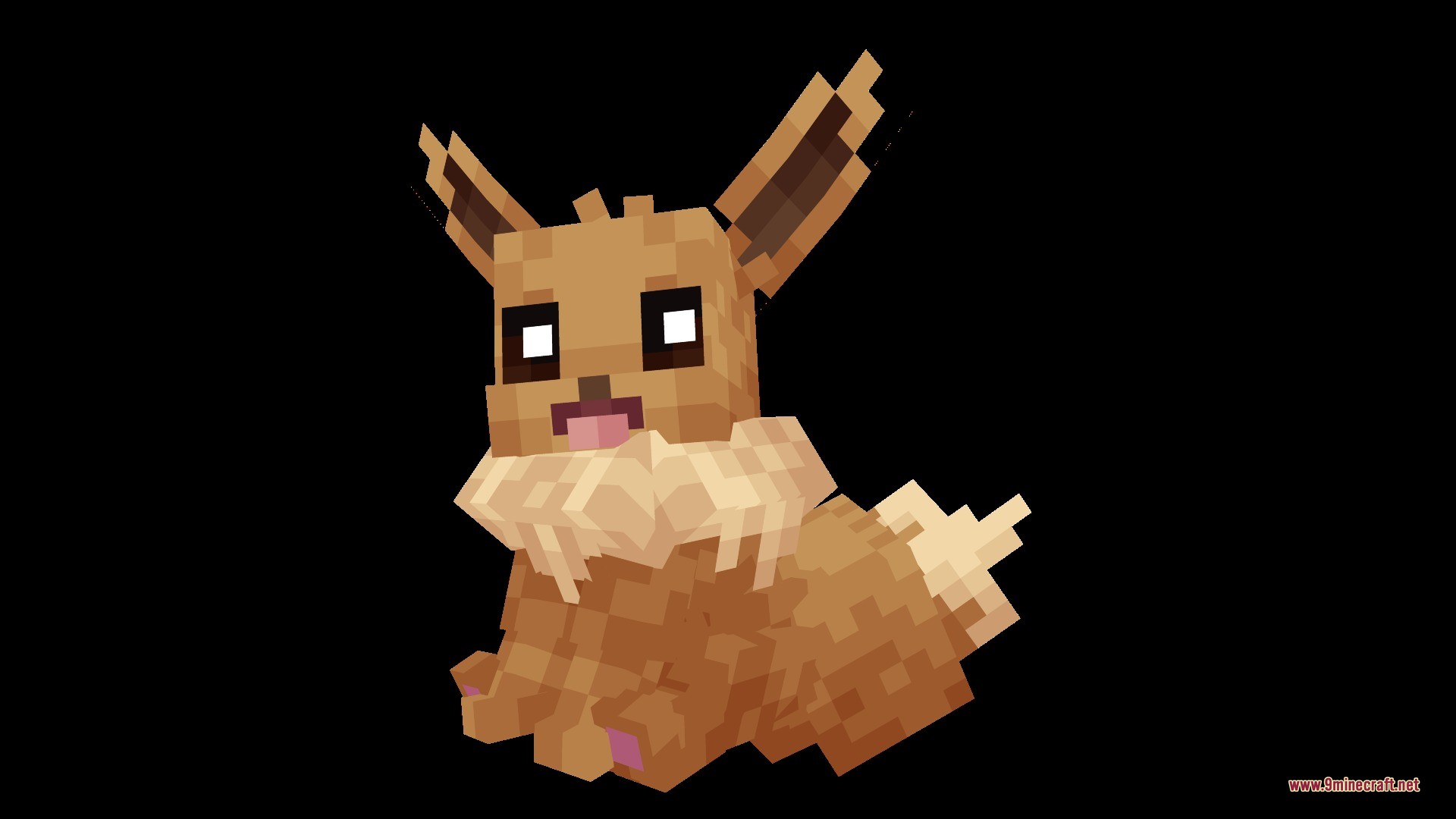 A blocky Eevee model sitting down with its tongue sticking out