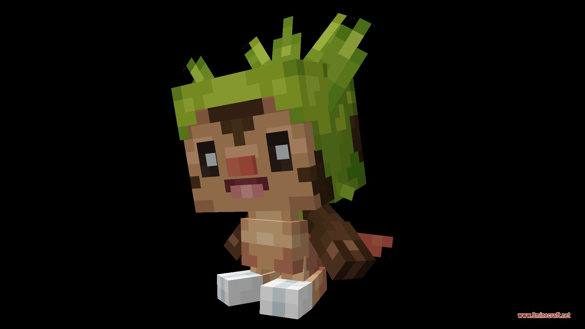 A blocky Chespin model with a green hood and happy expression