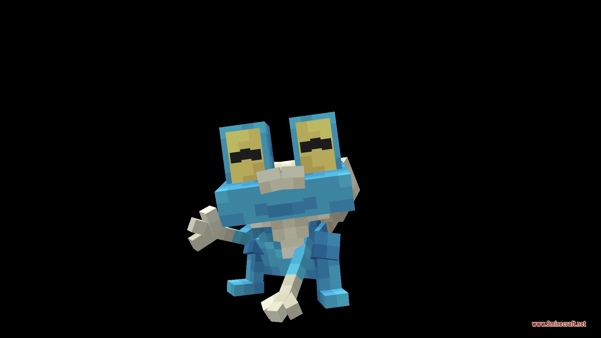 A blue blocky Froakie Pokemon waving its hand against a black background